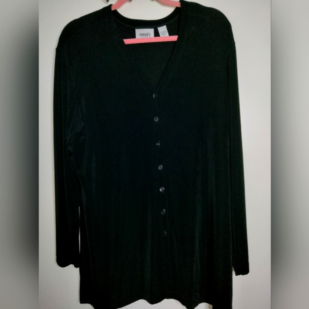 Chico's Travelers (Sz 3/XL/16) Black Classic LS Stretch Button Cardigan Sweater
